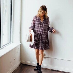 THE GREAT. The Timber Dress in Mulberry Plaid Gingham Print